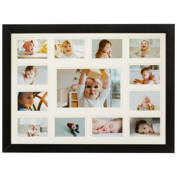 13 Opening Collage Picture Frame K-12 with Double White Mat - Displays One 4x6 and Twelve Wallet Size 2.5x3.5 - Wall Mounting, Landscape, Portrait - Black