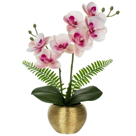 13'' Orchids Artificial Flowers Small Potted Silk Phalaenopsis Fake Orchid Pink Flowers in Gold Ceramic Vase