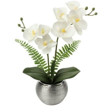 13'' Orchids Artificial Flowers Small Potted Silk Phalaenopsis Fake Orchid White Flowers in Silver Ceramic Vase