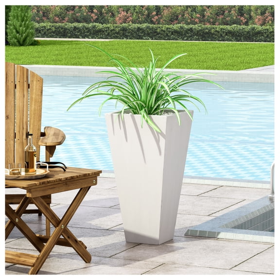 13" Outdoor Planter, Modern Cast Stone Plant Pot - White Tapered Design for Patio, Garden, Backyard - Lightweight Concrete Flower Pot