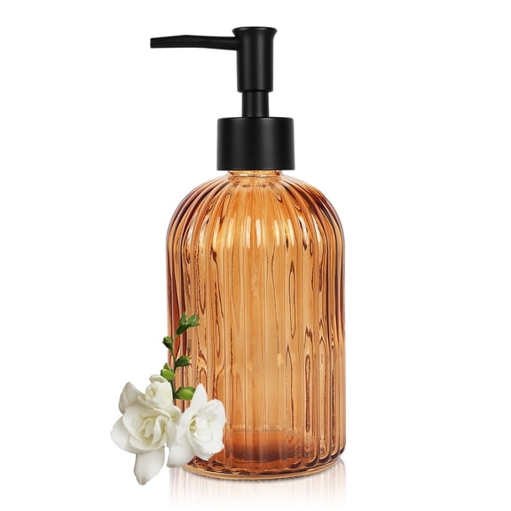 13 Oz Glass Soap Dispenser , Manual Pump Dispenser,Empty Liquid Container, Refillable Hand Soap Dispenser , Premium Bathroom soap Dispenser for Kitchen & Bathroom , Amber