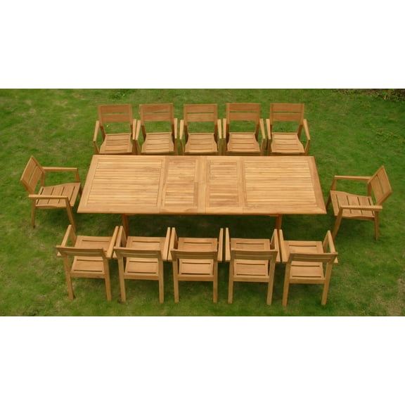 13 PC A Grade Outdoor Patio Teak Dining Set - 117" Double Extension Rectangle Table & 12 Cellore Stacking Arm Chairs