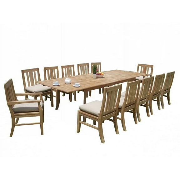 13 PC A Grade Outdoor Patio Teak Dining Set - 117" Double Extension Rectangle Table & 12 Osawa Chairs (10 Armless, 2 Arm)