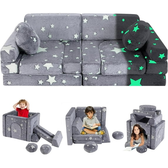 13 PCS Kids Play Couch,Modular Kids Couches,Glowing Toddler Couch, Kid Play Sofa for Playroom and Bedroom (Grey)