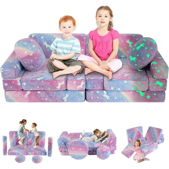 13 PCS Kids Play Couch, Modular Kids Play Couch Set,Glowing Toddler Couch, Kid Play Couch Sofa for Playroom and Bedroom Rainbow