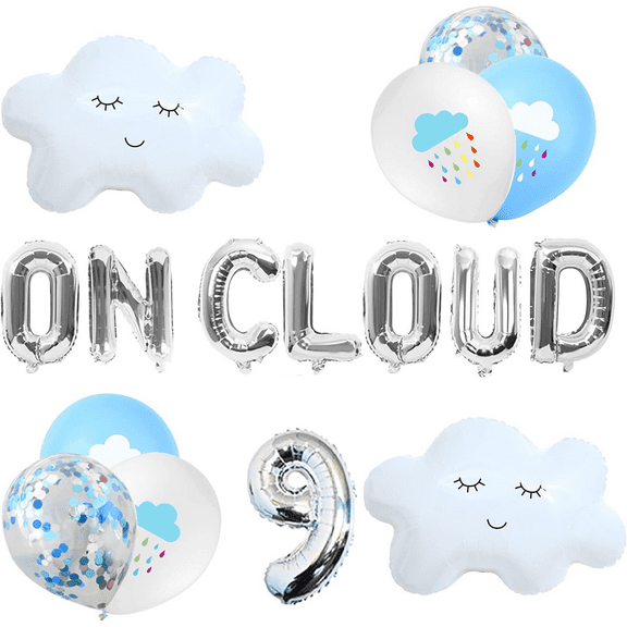 13 PCS Silver On Cloud 9 Balloons 9th Birthday Decoration Nine Years Old Birthday Balloon 9 Party Supplies Cloud Balloon