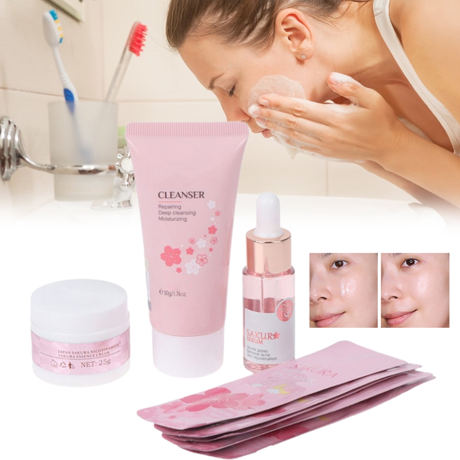 13 PCS Skin Care Set, Women Beauty Gift Sets Skin Care Kit with Cleanser, Serum, Sleep Face Cover, Face Cream Travel Kit for Women Teen Girls Mom Daughter Birthday, Pink