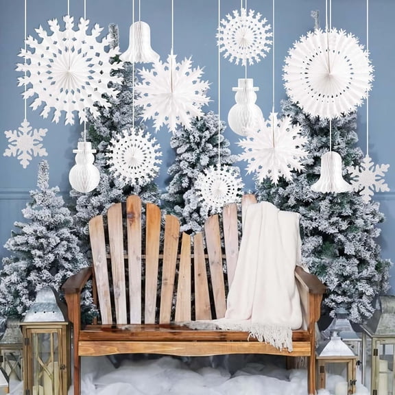 13 PCS White Paper Snowflake Decorations Frozen Birthday Party Supplies Winter Wonderland Party Decorations Christmas Large Snowflake Snowman Decorations Hanging Snowflake Decorations