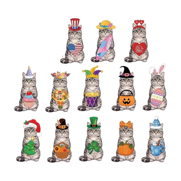 13 Pack, Interchangeable Seasonal Decor Tabby Cat Figurine Set, Cat Decor for Home for All Holiday Occasions Christmas Halloween Easter Valentine's Day St Patricks Day Patriotic