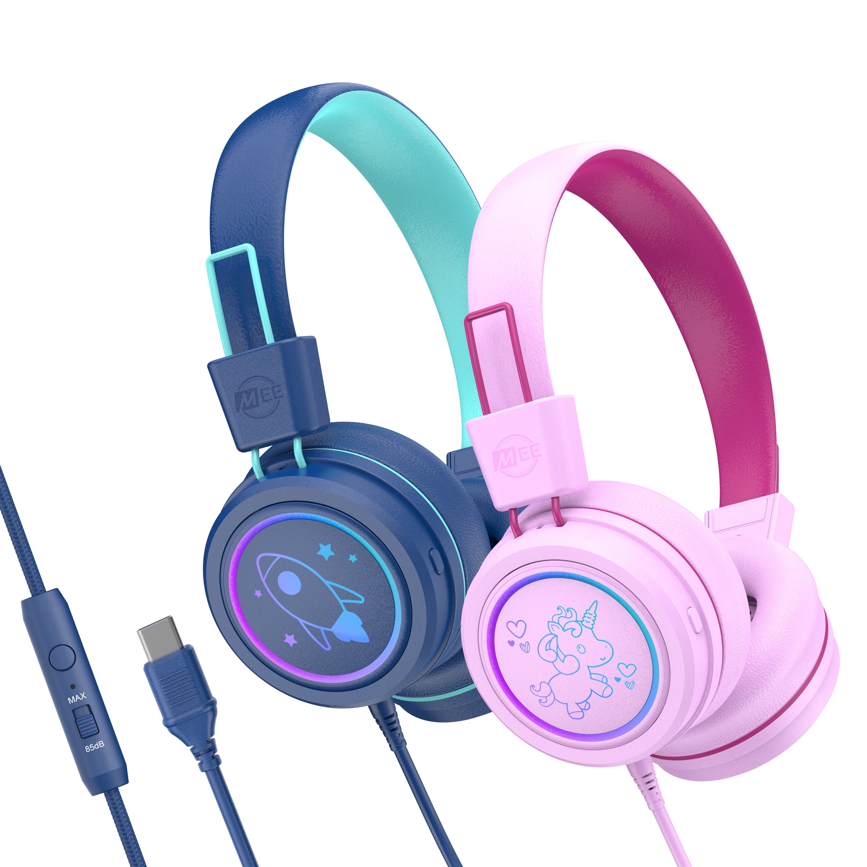 2 Pack Multicolor MEE audio KidJamz KJ55 Safe Listening USB-C Kids Headphones with LED Lights for Boys and Girls / Students / School / Library / Classroom