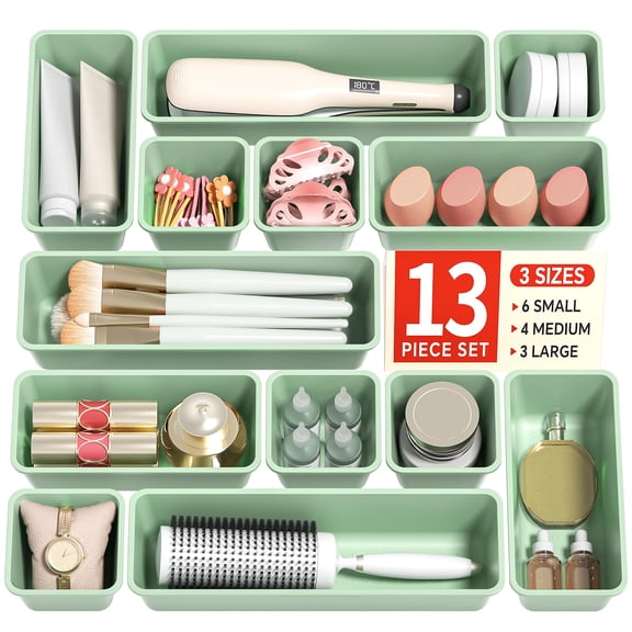 13 Pack Plastic Drawer Organizers Set, 3 Sizes Desk Drawer Organizer Trays for Vanity and Makeup Organizer, Organization and Storage for Makeup, Kitchen Utensils, Bathroom and Office(Green)