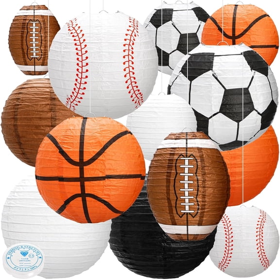 13 Pack Sports Paper Lanterns, Multi Sizes Sport Themed Paper Lantern Set, Soccer Baseball Football Basketball Lantern Decorations, Hanging Party Ball Lamps for Graduation, Birthday, Classroom
