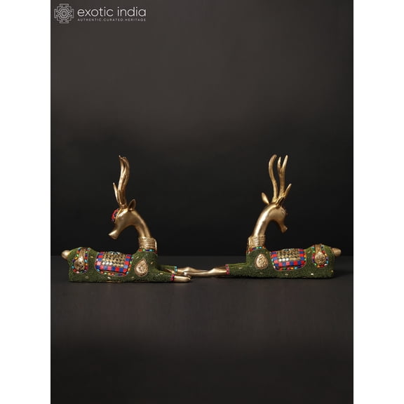 13" Pair of Cute Baby Deers | Brass Statues with Inlay Work