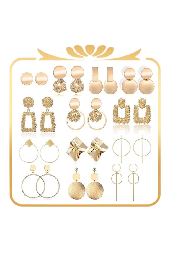 13 Pairs Fashion Gold Color Silver Plated Geometric Big Round Clip Earrings for Women Fashion Big Hollow Ear Clip Jewelry