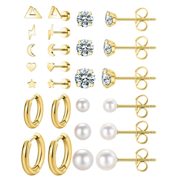 13 Pairs Surgical Steel Earrings Sets for Multiple Piercing Lightweight Small Huggie Hoop Earrings CZ Stud Earrings for Women Cartilage Trendy Hypoallergenic free combination(Gold)