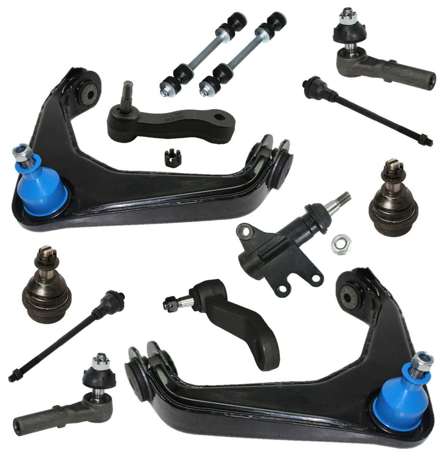 13 Pc Suspension Kit Front Upper Control Arms and Ball Joints Assembly, Inner & Outer Tie Rod Ends, Sway Bar End Links, Lower Ball Joints, Idler & Pitman Arms, Idler Arm Bracket Assembly