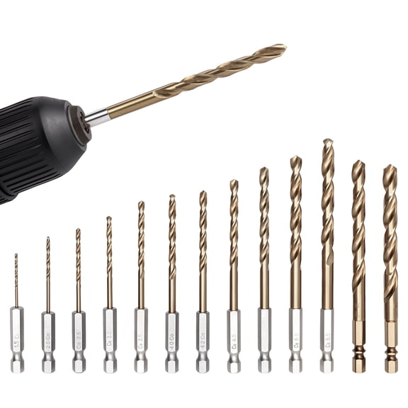 13 Pcs 1/4" Hex Shank Drill Bit Set 1/16" to 3/8" Titanium Coated HSS Bit for Metal Wood Stainless Steel Plastic Impact Driver Cordless Screwdriver