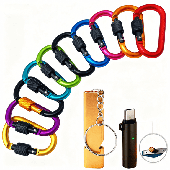12-Pcs Aluminum Alloy Carabiner/Backpack Clip Set with Survival Whistle and Outdoor Fire Starter ,Ideal for camping, hiking, and outdoor gear