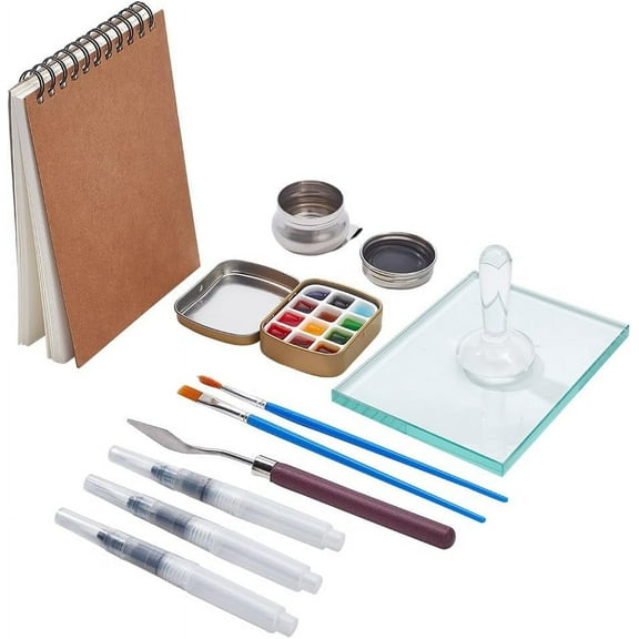13 Pcs Art Making Tools with Glass Muller Paint Slab Brushes Palette Paint Tin Cases - DIY Sketch Notebook Mixed Color