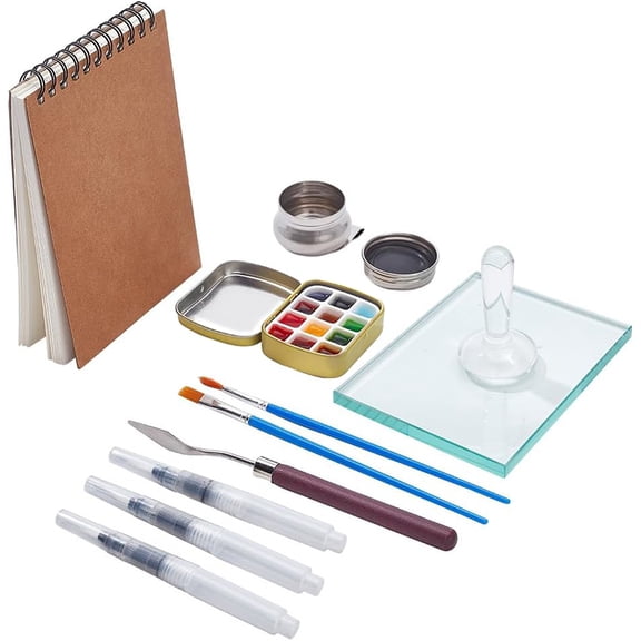 13 Pcs Art Making Tools with Glass Muller Paint Slab Brushes Palette Paint Tin Cases - DIY Sketch NotebookDIY