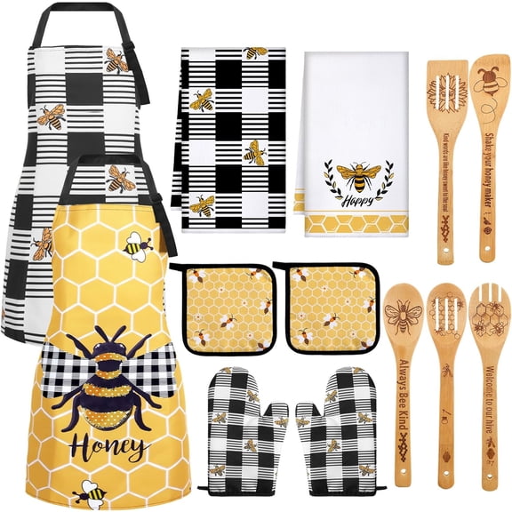 13 Pcs Bee Sunflower Farmhouse Kitchen Set Include 5 Cute Wooden Spoons 2 Kitchen Towels 2 Apron 2 Oven Mitts 2 Pot Holders for Housewarming Gifts (Yellow,Bee)