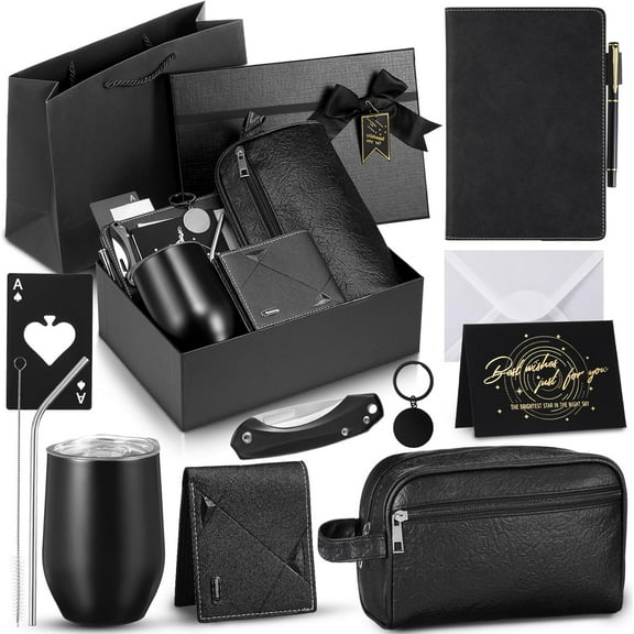 13 Pcs Birthday Gifts for Men Thank You Gift Basket 12 oz Stainless Steel Tumbler Leather Toiletry Bag for Him Anniversary Present for Dad, Boyfriend, Husband, Brother