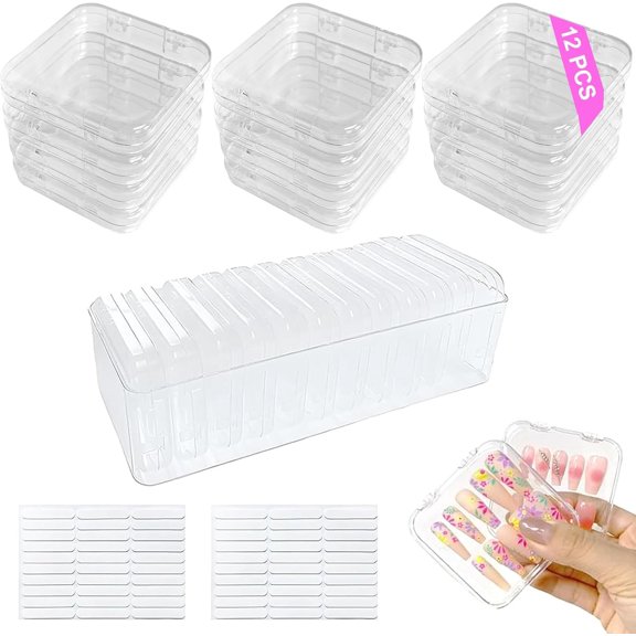 13 Pcs Clear Press On Nail Storage Box with Container, False Nail Case Organizer Press On Nail Packaging Box Nail Display Case with Double Sided Tape for Nail Art Home Salon Nail Business Supplies