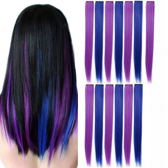 13 Pcs Colored Colorful Clip in Hair Extensions 55cm Straight Synthetic Hairpieces, + Blue