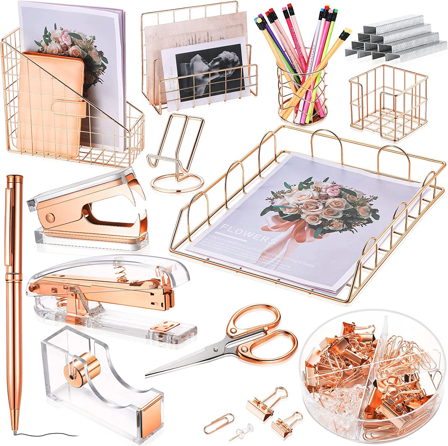 13 Pcs Desk Accessories Kit Organizer Office Supplies Women Gift Set Acrylic Stapler Staple Remover Tape Holder Pen Cup Magazine File Letter Sorter Note Clip Phone Holder Scissor(Rose Gold)