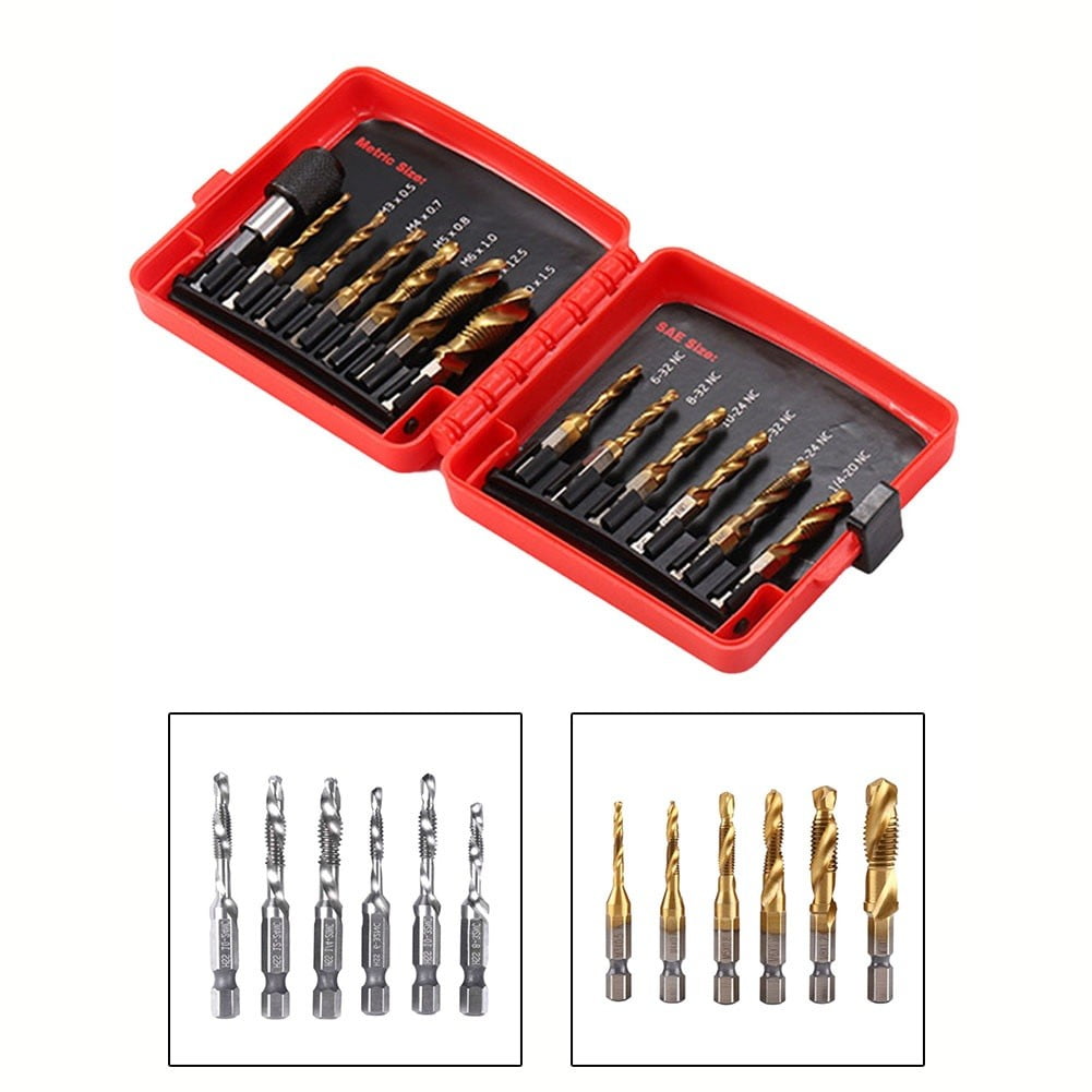 13 Pcs Drill and Tap Bit Set with Adapter Sae/Metric Coated Tapping