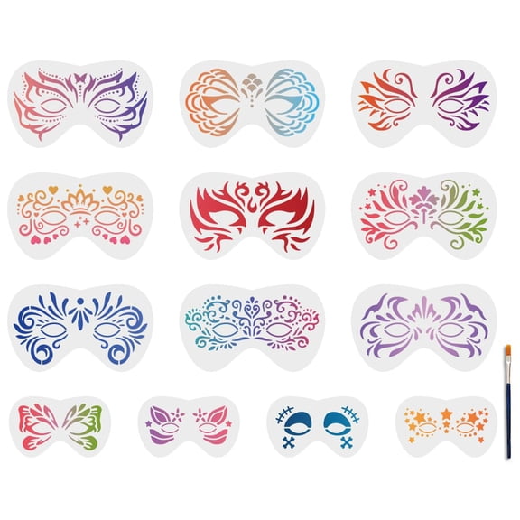 13 Pcs Face Painting Stencils Reusable Face Tattoo Stencils 4.77.9/3.35.5inch with Paint Brush Body Makeup Templates Creative Craft