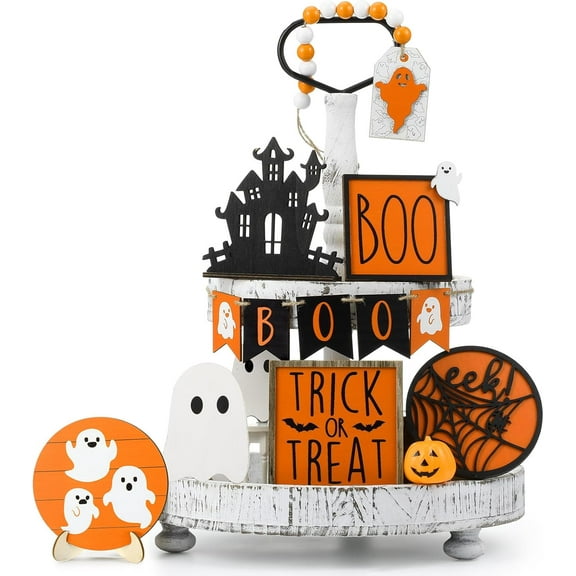 13 Pcs Halloween Tiered Tray Decor Set Cute Ghost Tray Decorations Boo Halloween Wooden Signs Farmhouse Rustic Decoration for Home Table Party Supplies (Bead Not Included)