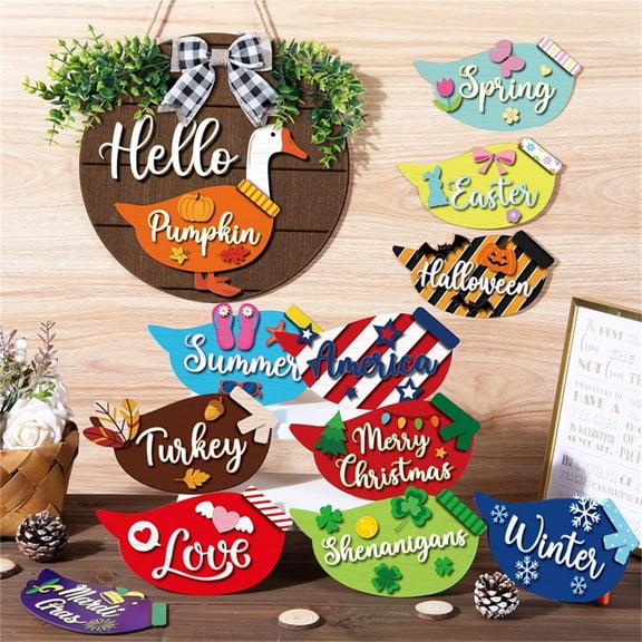 13 Pcs Interchangeable Goose Welcome Sign 11.8 Inch Holiday Seasonal Welcome Changeable Hello Geese Signs Rustic Farmhouse Front Door Round Wreaths Hanging Decorations Wood Color