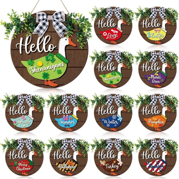 13 Pcs Interchangeable Wooden Goose Door Decor, Holiday Seasonal Welcome Changeable Hello Geese Signs Rustic Farmhouse Front Door Round Wreaths Hanging Decorations for Porch Home Outdoor