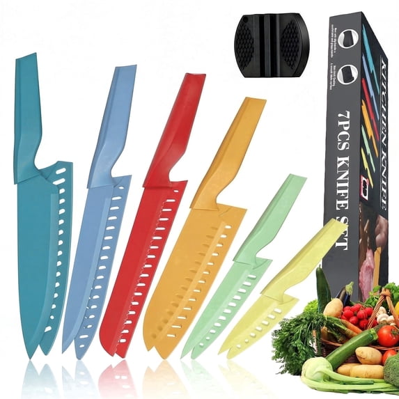 13 Pcs Kitchen Knife Set, Stainless Steel Chef Knives with Sharpener & Blade Guards, Non-Stick Coating, Dishwasher Safe, Multicolor