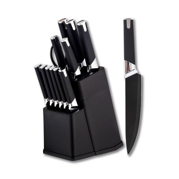 HEESEM 13 Pcs Kitchen Knife Set with Block Carbon Stainless Steel Knife Set - Black