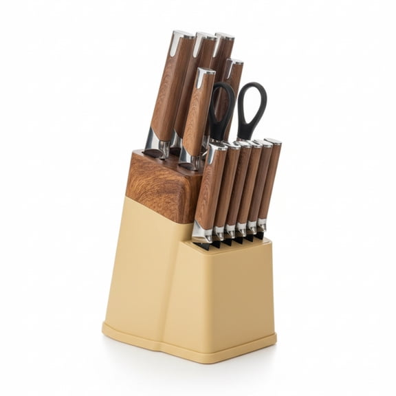 HEESEM 13 Pcs Kitchen Knife Set with Block and Sharpener High Carbon Stainless Steel Knife Set - Brown