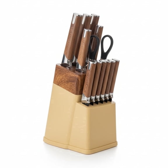 HEESEM 13 Pcs Kitchen Knife Set with Block and Sharpener High Carbon Stainless Steel Knife Set - Brown