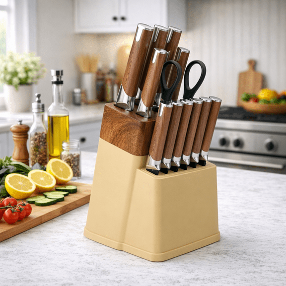 HEESEM 13 Pcs Kitchen Knife Set with Block and Sharpener High Carbon Stainless Steel Knife Set - Brown