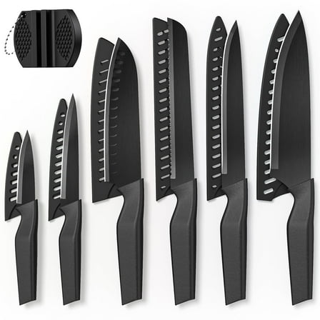 GPED 13 Pcs Kitchen Knives Set with Sharpener, Anti-Rust Coating, High Carbon Stainless Steel Chef Knife Sets with 6 Blade Guards, Dishwasher Safe, Black