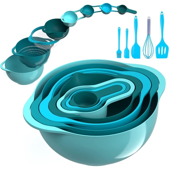 13 Pcs Mixing Bowls Set, RV Camping Accessories Set, Apartment Kitchen Gadget Easy Storage, Inculding Measuring Cups Colander Sifter Large Bowl Whisk Scraper, Great for Cooking and Baking, No BPA