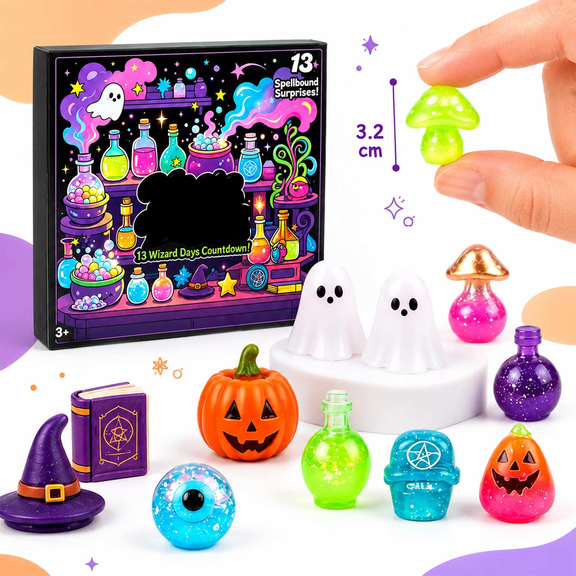 13 Pcs Portable Halloween Wizard Squishy Fidget Blind Box, Multi-function Sensory Decompression Figurines, Ghost Pumpkin Potion Tabletop Decor for Hobbyists