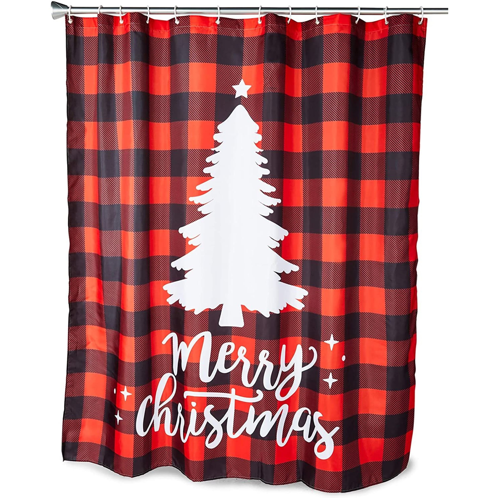 13 Pcs Set Buffalo Plaid Merry Christmas Tree Bath Shower Curtain with Hooks for Xmas Holiday Home Decorations, Red and Black, 70 x 71 in.
