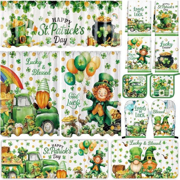 13 Pcs St. Patrick's Day Kitchen Decor Set 3 Shamrock Kitchen Curtains Valance 2 Irish Rugs and Mats 4 Hand Towels 2 Pot Holders 2 Oven Mitts for Home Decor Cooking Grilling Housewarming Gift
