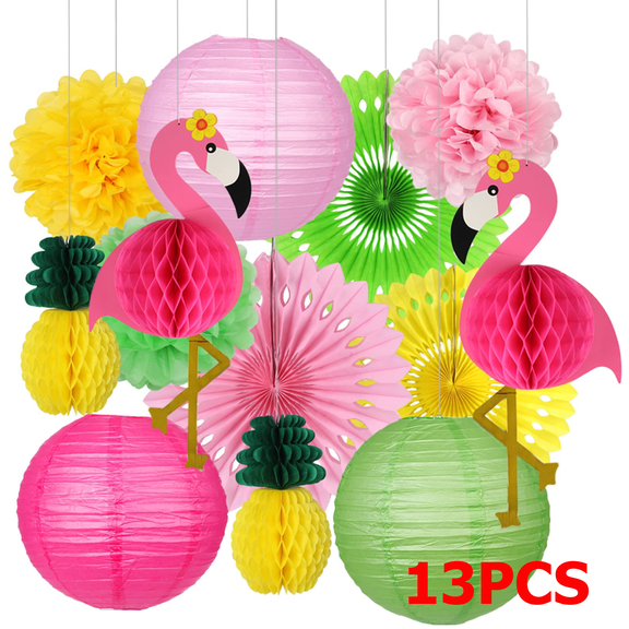  13 Pcs Tropical Luau Party Decorations, Large 3D Flamingo Honeycombs, Paper Fans, Hanging Swirls for Hawaiian Birthday, Summer Beach Party, Classroom Decor