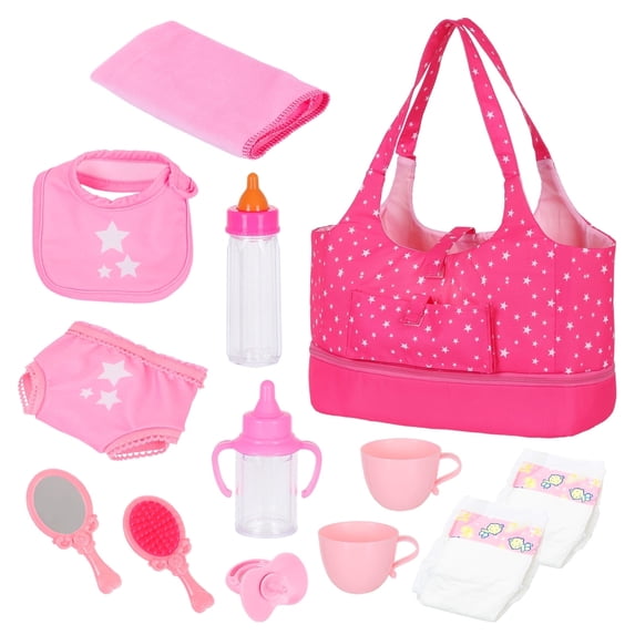 K.T. Fancy Baby Doll Accessorie, 13 Pcs Doll Stuff Acessories Storage Diaper Bag Set for 14-18 Inch Dolls, Feeding and Caring Set Includes Diaper, Bottle etc Suitable Pretend Play
