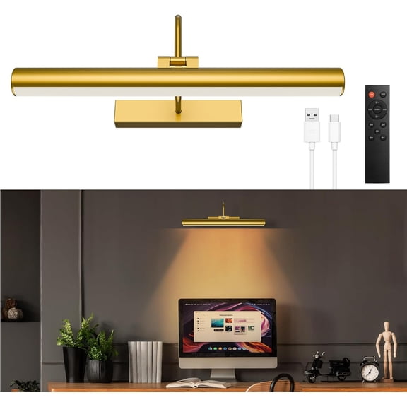 13'' Picture Light for Wall, 5200 mAh Battery Operated Picture Light with Remote & Timer for Wall Art - 3 CCT Dimmable LED, Brass Finish