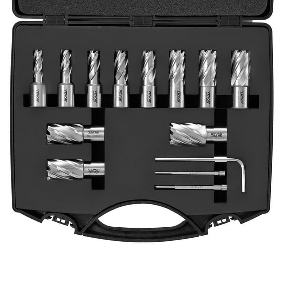 Annular Cutter Set 13pc M2AL HSS, 7/16"-1-1/16" Diameter 1" Depth, Weldon Shank Mag Drill Bit Kit with 2 Pilot Pins, Hex Wrench & Case for Magnetic Drill Press