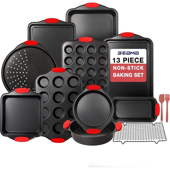 13-Piece Baking Pans Sets, Nonstick Bakeware Sets, BPA-Free Carbon Steel Stackable, Cookie Sheet, Cake, Loaf, Pizza & Muffin Pan, Grey