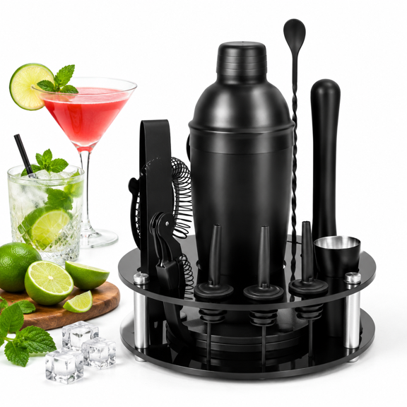 13-Piece Bartender Cocktail Set with Rotatable Stand, Frosted Black, Home Bar Tool Kit